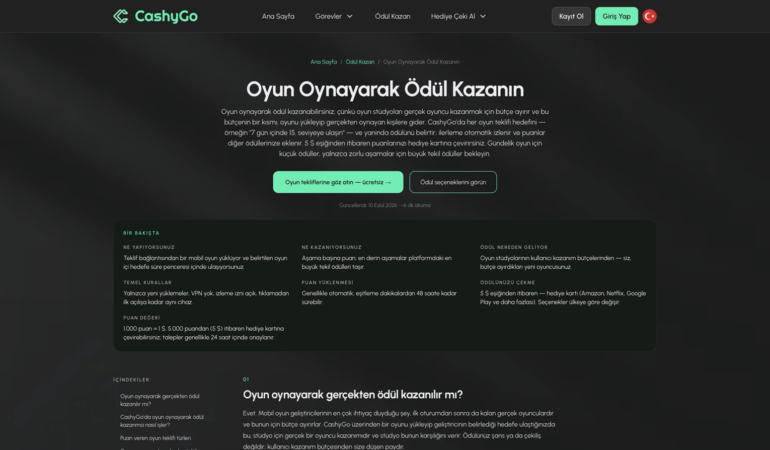 CashyGo oyun görevleri sayfası ekran görüntüsü