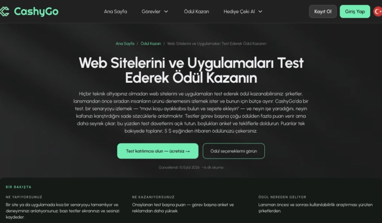 CashyGo web sitesi ve uygulama test görevleri sayfası ekran görüntüsü
