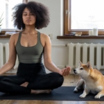 Evde minder üzerinde meditasyon yapan kadın